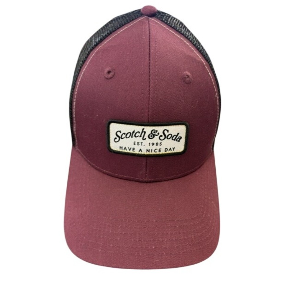 Scotch & Soda Mens Maroon Trucker Hat Have A Nice Day Mesh Snapback Cap Burgundy